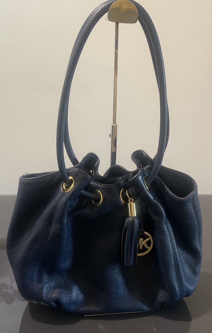 MICHAEL KORS Blue Pebbled Leather Tassel MK Large Shoulder Handbag